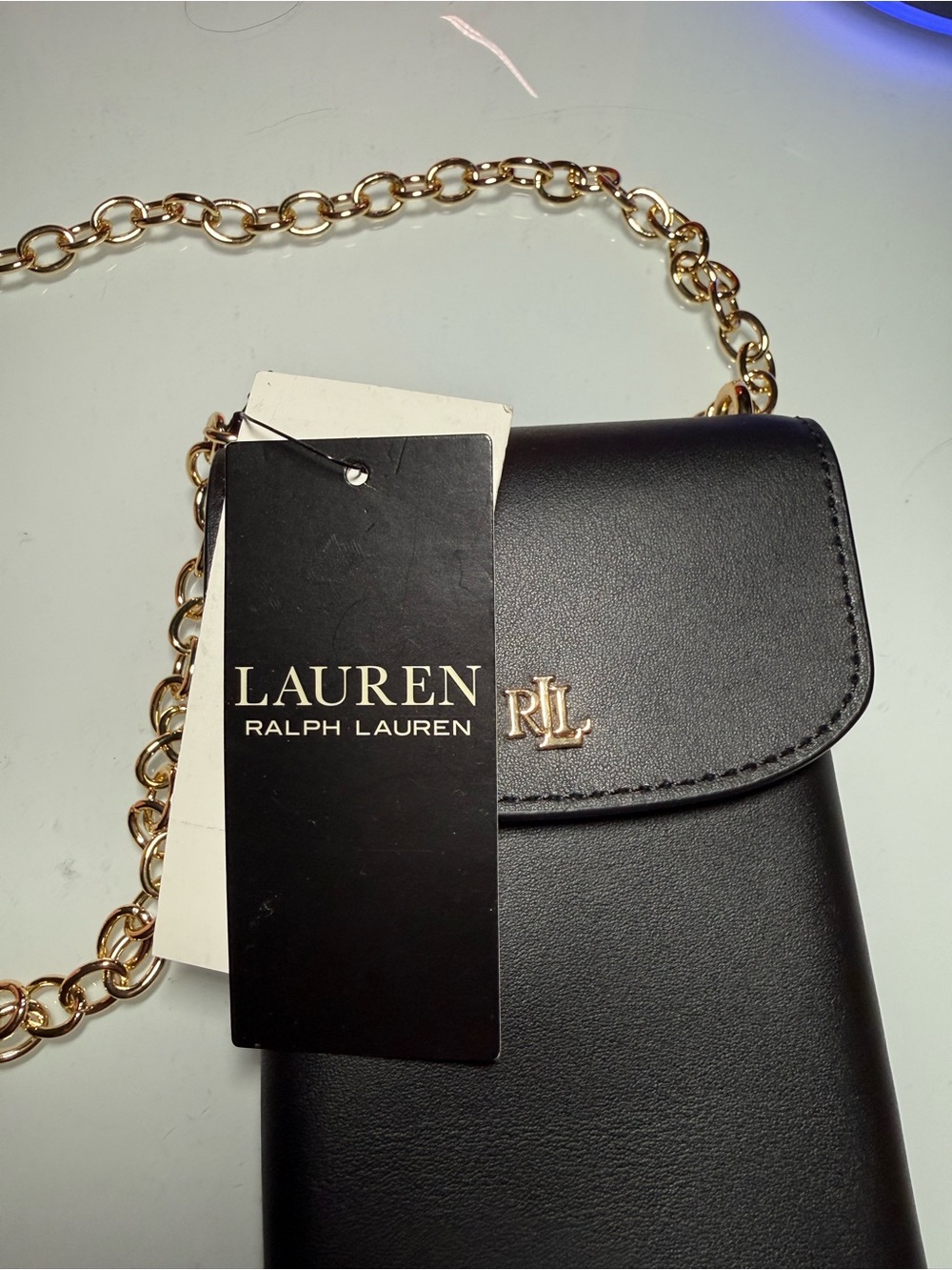 Ralph Lauren Black Leather Crossbody Phone Pouch with Gold Chain - Picture 3 of 6